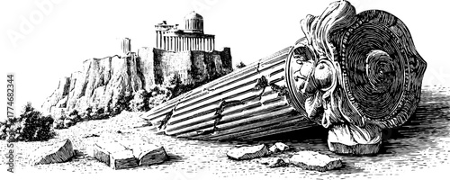 Engraved ancient broken stone column among ruins depicting historical archaeological scene