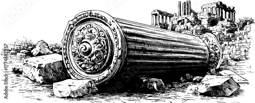 Ancient ruins with engraved broken stone column in archeological site sketch