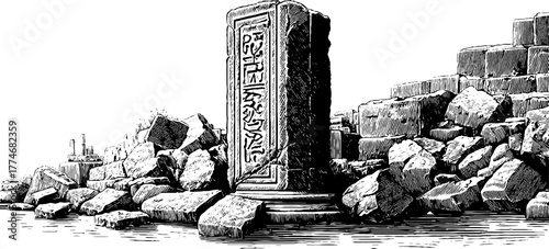 Ancient broken stone column among archaeological ruins with engraved details