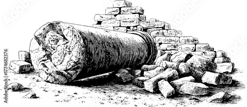 Ancient ruins scene with broken stone column for historical archaeological design