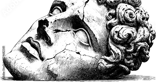 Engraved bust of ancient youth with broken nose and detailed features for retro design