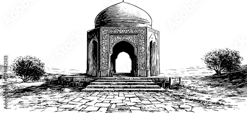 Byzantine arched gate with domed top and mosaic ornaments in vintage engraving style for design