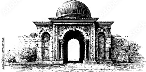 Byzantine arched gate with domed top and mosaic ornament for historical design in prints and posters