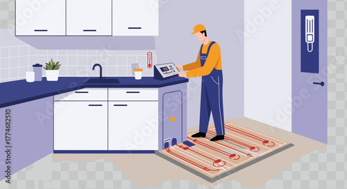 Technician adjusting thermostat of home heating system in modern kitchen setting