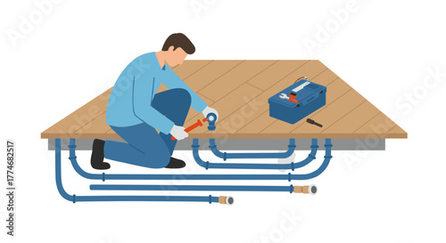 Installation of underfloor heating system by technician on wooden floor