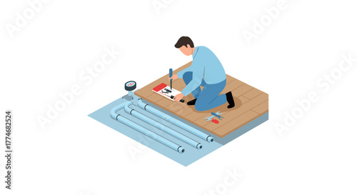 Isometric technician fixing pipes with tools on wooden floor