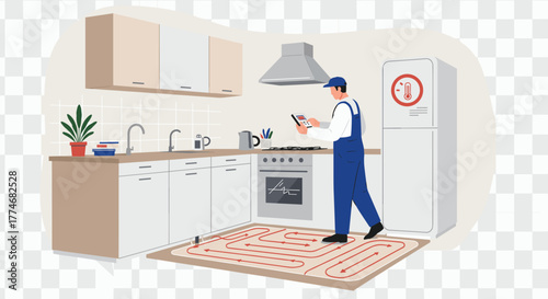 Home kitchen heating system and technician checking temperature on digital device