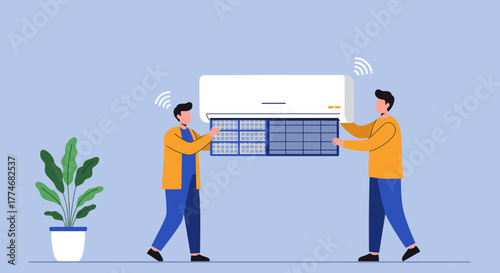 Flat design concept of air conditioner installation with technicians in action