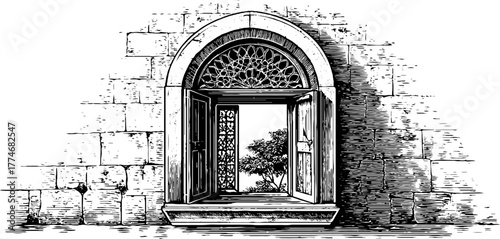 Byzantine window with semi-circular arch and geometric patterns for design projects