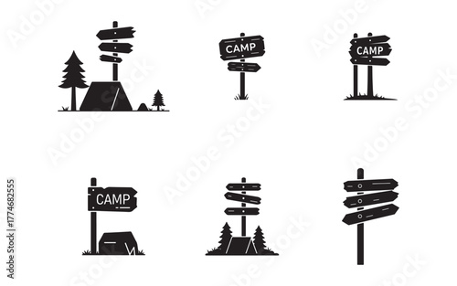 Silhouette Camping Directional Signs for Outdoor Adventures and Campground Locations for Hiking and Nature Getaways