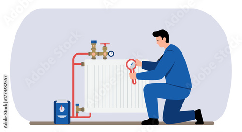 Technician adjusting heating radiator for optimal home temperature control
