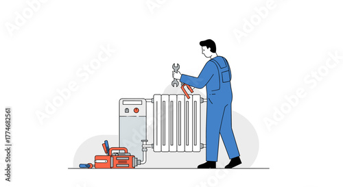 Plumber fixing home radiator in flat minimalist style
