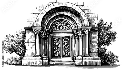 Byzantine window with semi circular arch and geometric patterns - architectural design for historical themes