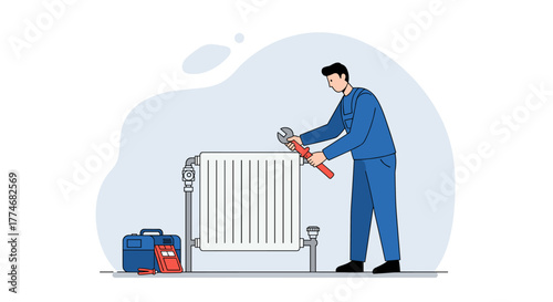Plumber repairing radiator: professional maintenance in flat style art