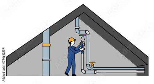 Home plumbing maintenance concept with worker fixing pipes