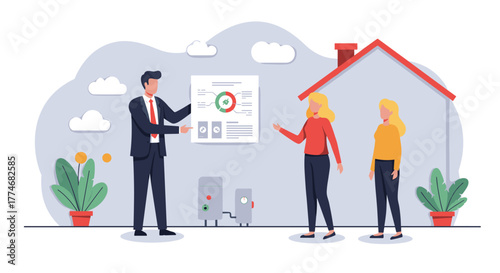 Business presentation on sustainable home solutions with modern infographic in office setting