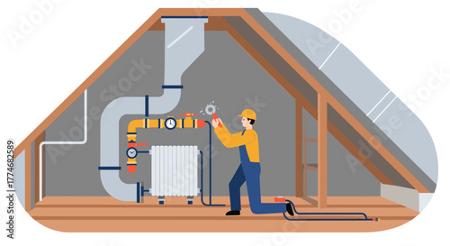 Technician repairing boiler in attic: plumbing and hvac maintenance scene