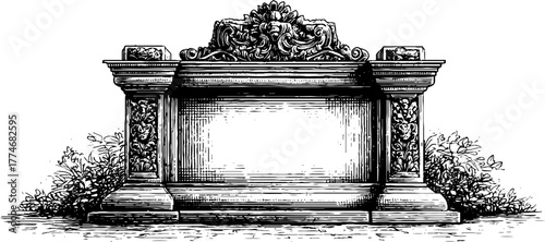 Vintage carved stone window frame with symmetrical ornamental design