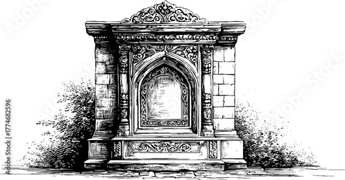 Ornate engraved stone window frame with symmetrical ornamentation - vintage architectural design for print