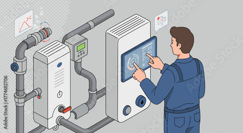 Technician adjusting smart home heating system interface in isometric design