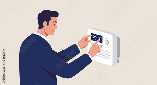 Man adjusting modern digital thermostat in office environment