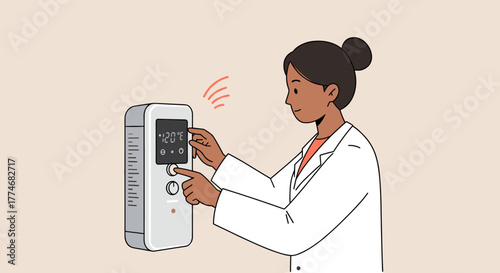 Woman operating smart thermostat in modern laboratory setting
