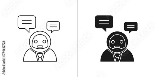 Two icons of a person with speech bubbles, one outlined and one filled