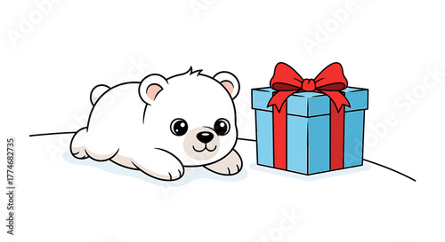 Cute cartoon polar bear cub with a blue gift box and red bow.