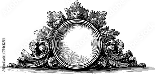 Vintage baroque circular frame with decorative flourishes for design projects