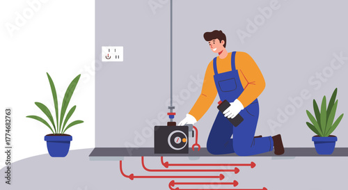 Technician in overalls fixing underfloor heating system with tools in modern room setting