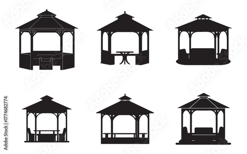 Silhouette Collection of Gazebo Illustrations for Outdoor Spaces and Landscape Design Concepts Elegant Garden Structures