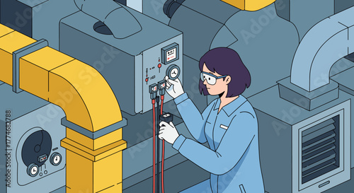 Technician monitoring hvac control system in industrial environment