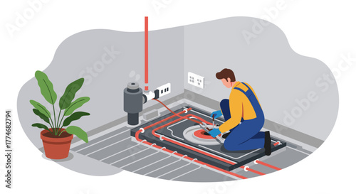 Professional plumber installing modern underfloor heating system in home interior