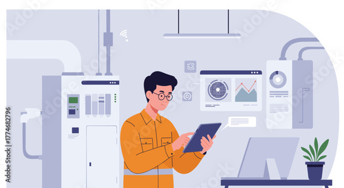 Engineer analyzing data in a modern industrial control room