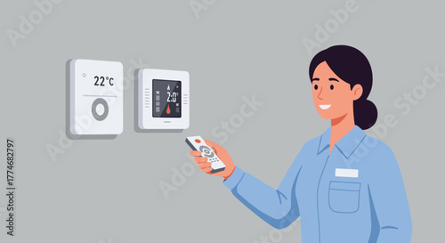 Woman adjusting thermostat with remote control in modern home