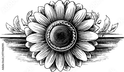 Vintage hand drawn floral design featuring circular geometry and rosette patterns for decorative use