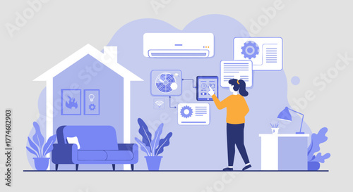 Home automation concept with person controlling smart devices in a flat design