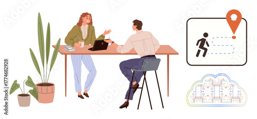 A man and woman collaborate at the table with digital navigation tools, discussing tasks and map projections. Ideal for teamwork, planning, travel, business strategy, logistics, office dynamics