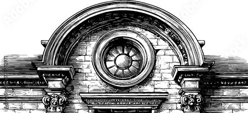 Oculus circular window stone molding carved engraved decorative architecture detail vintage sketch hand drawn engraving. Classical ornate facade with intricate antique design.
