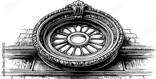 Vintage circular oculus window with stone molding and carved details for architectural design