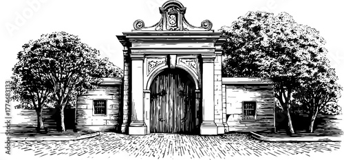 Historic city gate with decorative reliefs and large wooden doors