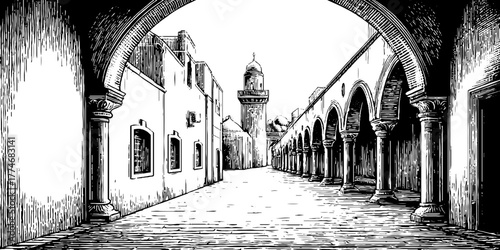 Historic city street with arches and small windows in vintage engraving style for retro design