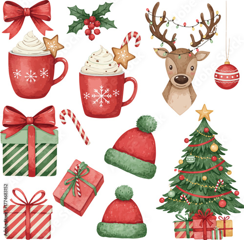 Festive watercolor christmas collection featuring a hot chocolate mug gifts deer and tree