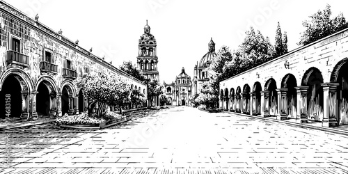 Historic city street with arched architecture and small windows - vintage urban scene