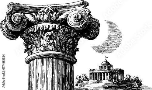 Vintage engraved composition of classical column fragment and historical architecture for design