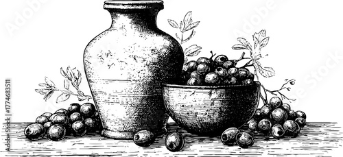 Vintage hand-drawn engraving of ancient greek amphora with grapes and leaves - retro design for decor and art