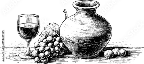 Vintage engraving of antique amphora and wine goblet with grapes for retro decor