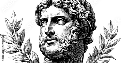 Vintage engraving of antique bust with olive branches for historical design