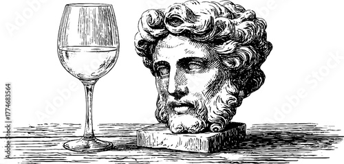 Vintage engraved composition of antique marble bust and wine glass for retro design