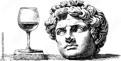 Vintage engraved composition of antique marble bust and wine glass for retro design